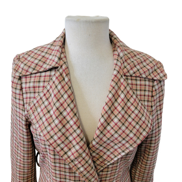 Nicole by Nicole Miller Plaid Checkered Button Front Tie Waist Peakcoat Jacket - Picture 4 of 15